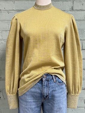Vintage Metallic Gold Puff-Sleeve Knit Top